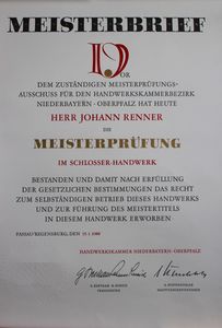 Meisterbrief Johann Renner, Schlossermeister beim Werkhof Regensburg
