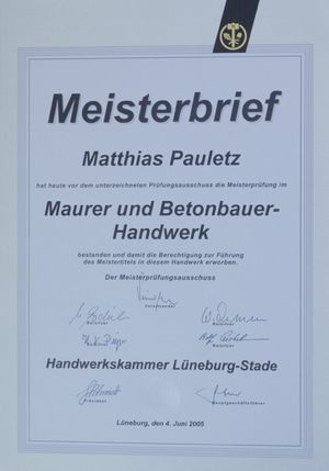 Meisterbrief Matthias Pauletz, Maurermeister